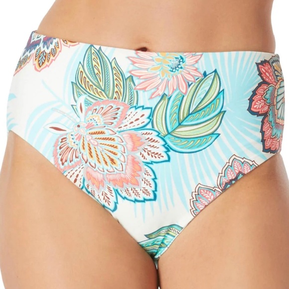 Coco Reef Womens Teal Tropical Lotus Verso High Waisted Reversible Bottoms Small - Picture 1 of 15